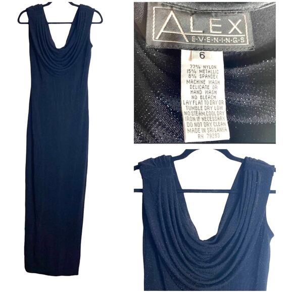 VINTAGE 90S ALEX EVENINGS BLACK SHIMMER COWLNECK MAXI DRESS GOWN 6 - Picture 1 of 6